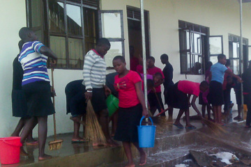 Pupils cleaning the new science block